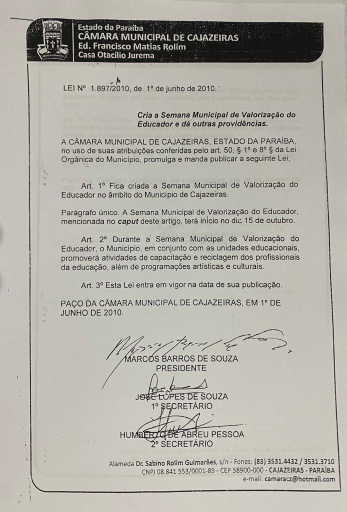 Fica Instituído a Semana Municipal de Valorização do Educador no âmbito Municipal de Cajazeiras.