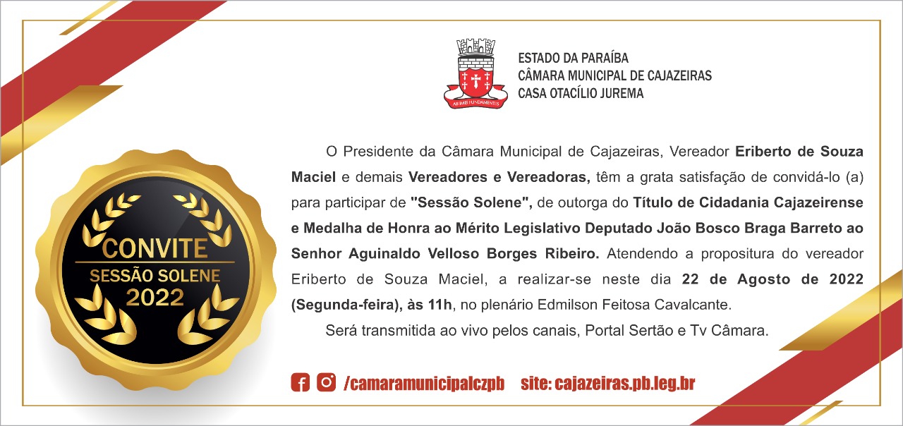 Hoje, segunda feira dia 22 de agosto, ocorrerá Sessão Solene às 11h no Plenário da Câmara Municipal de Cajazeiras - PB.