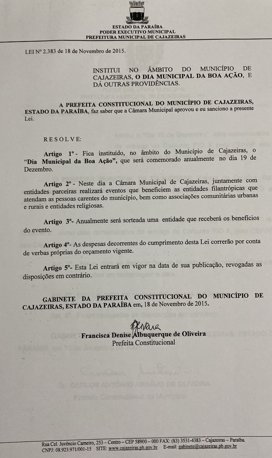 Institui o 'Dia Municipal da Boa Ação' no dia 19 de dezembro.